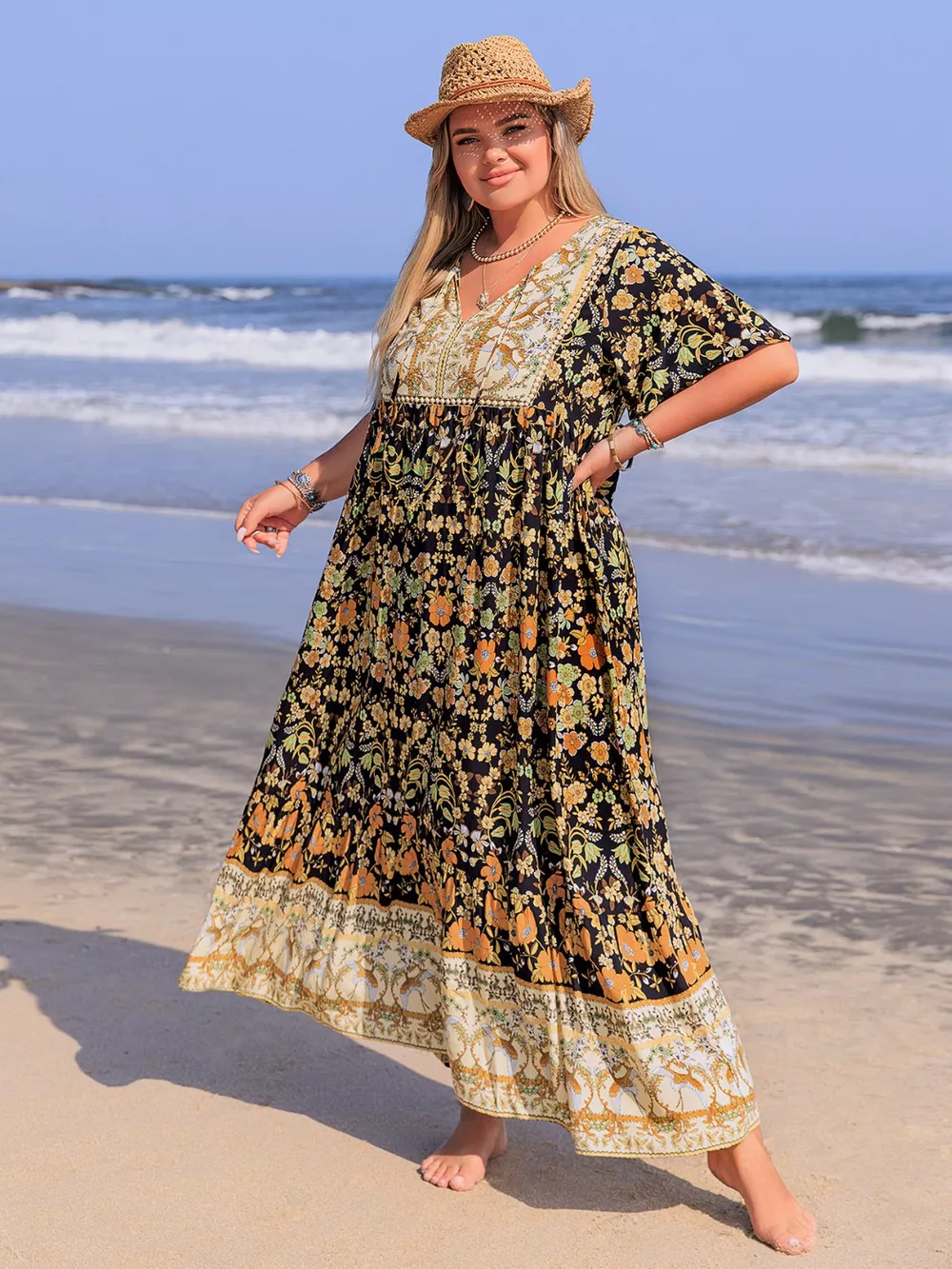 Plus Size Bohemian Floral Tiered Maxi Dress, image 2