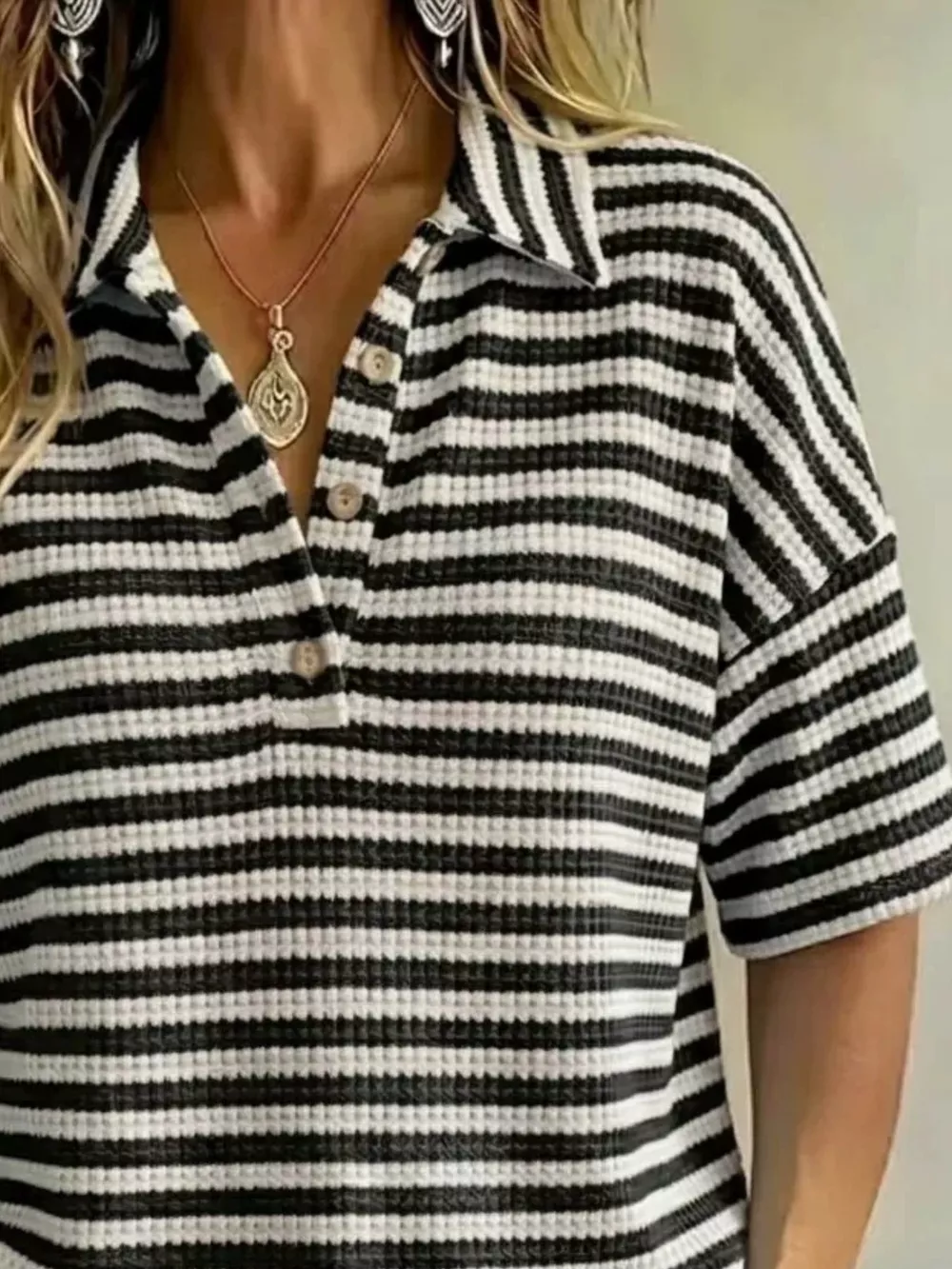 Full Size Contrast Striped Knit Polo Shirt Plus Size, image 4