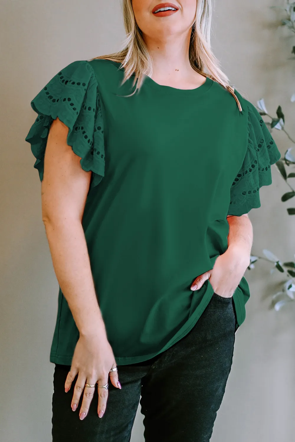 Plus Size Eyelet Round Neck Short Sleeve Blouse, image 9