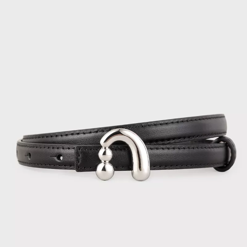 Silver Buckle Skinny Leather Belt, image 2