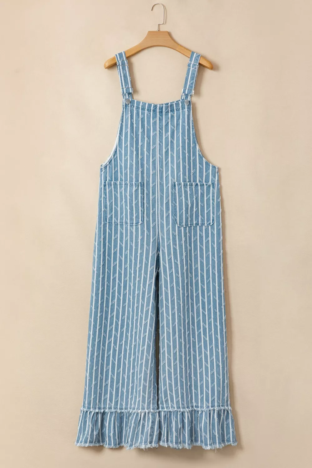 Striped Distressed Ruffled Wide Leg Denim Overalls, image 5