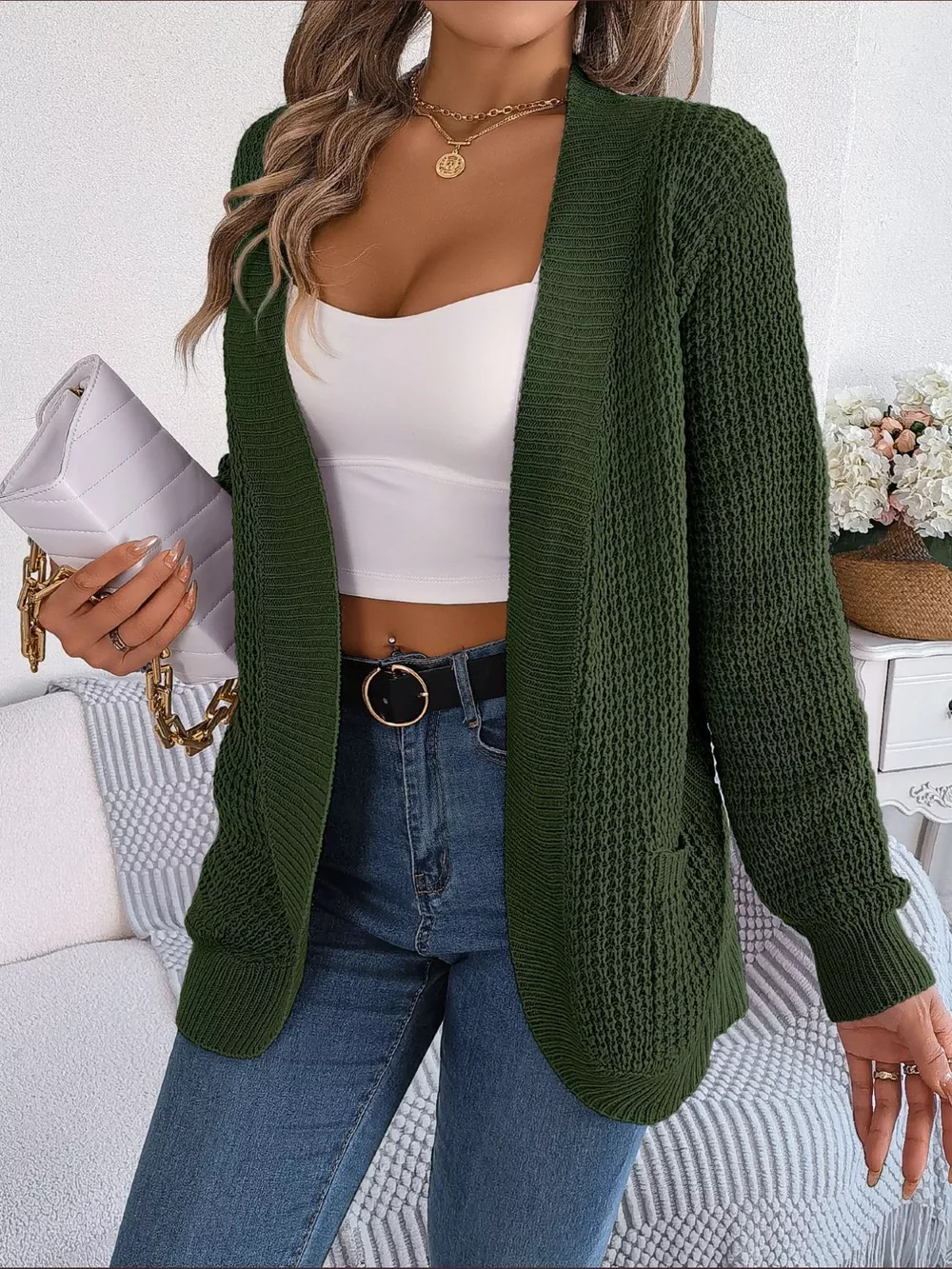 Chunky Knit Open Front Cardigan with Pockets, image 16