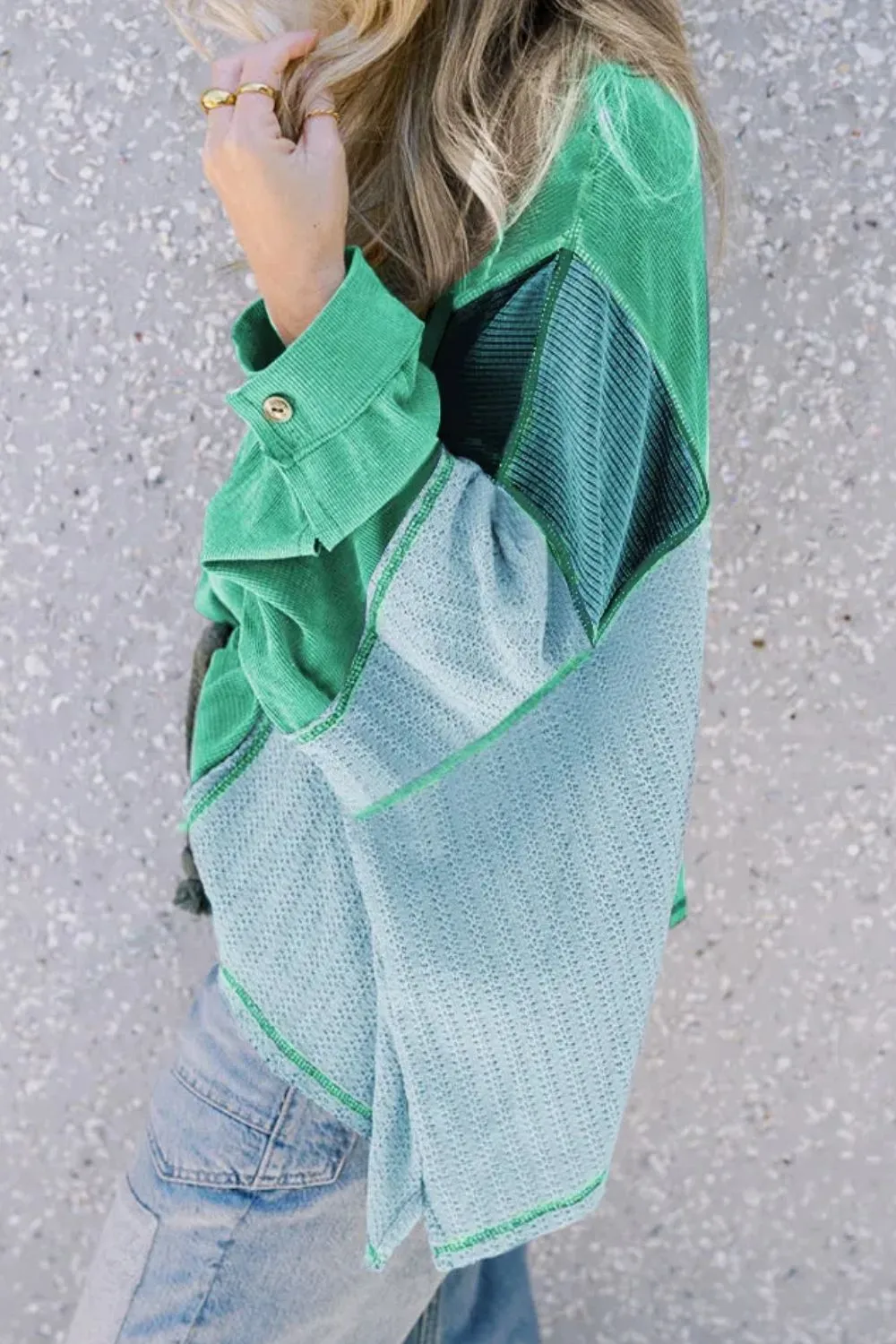 Patchwork Color Block Round Neck Long Sleeve Top, image 6