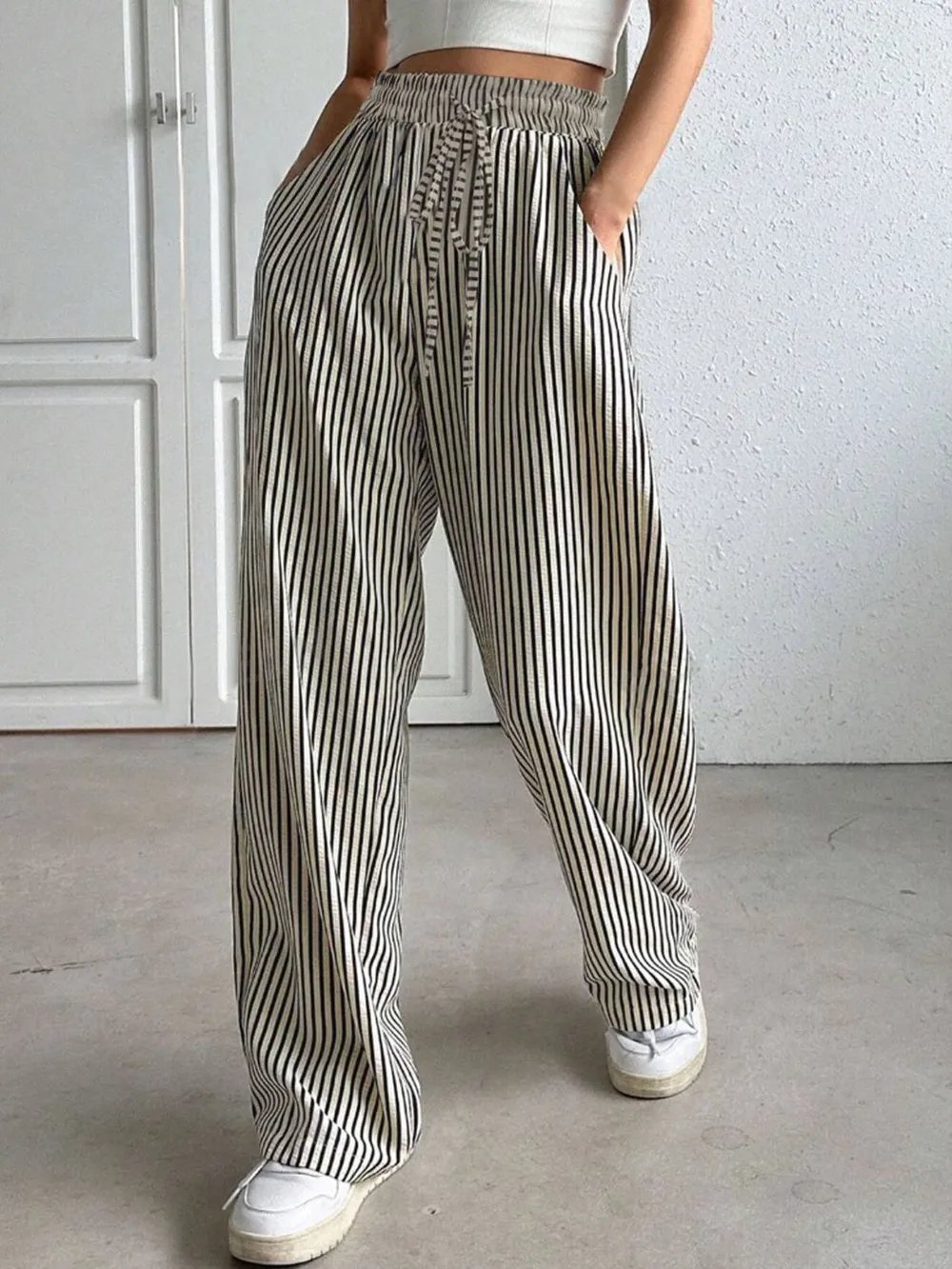 Drawstring Striped Elastic Waist Pants, image 2