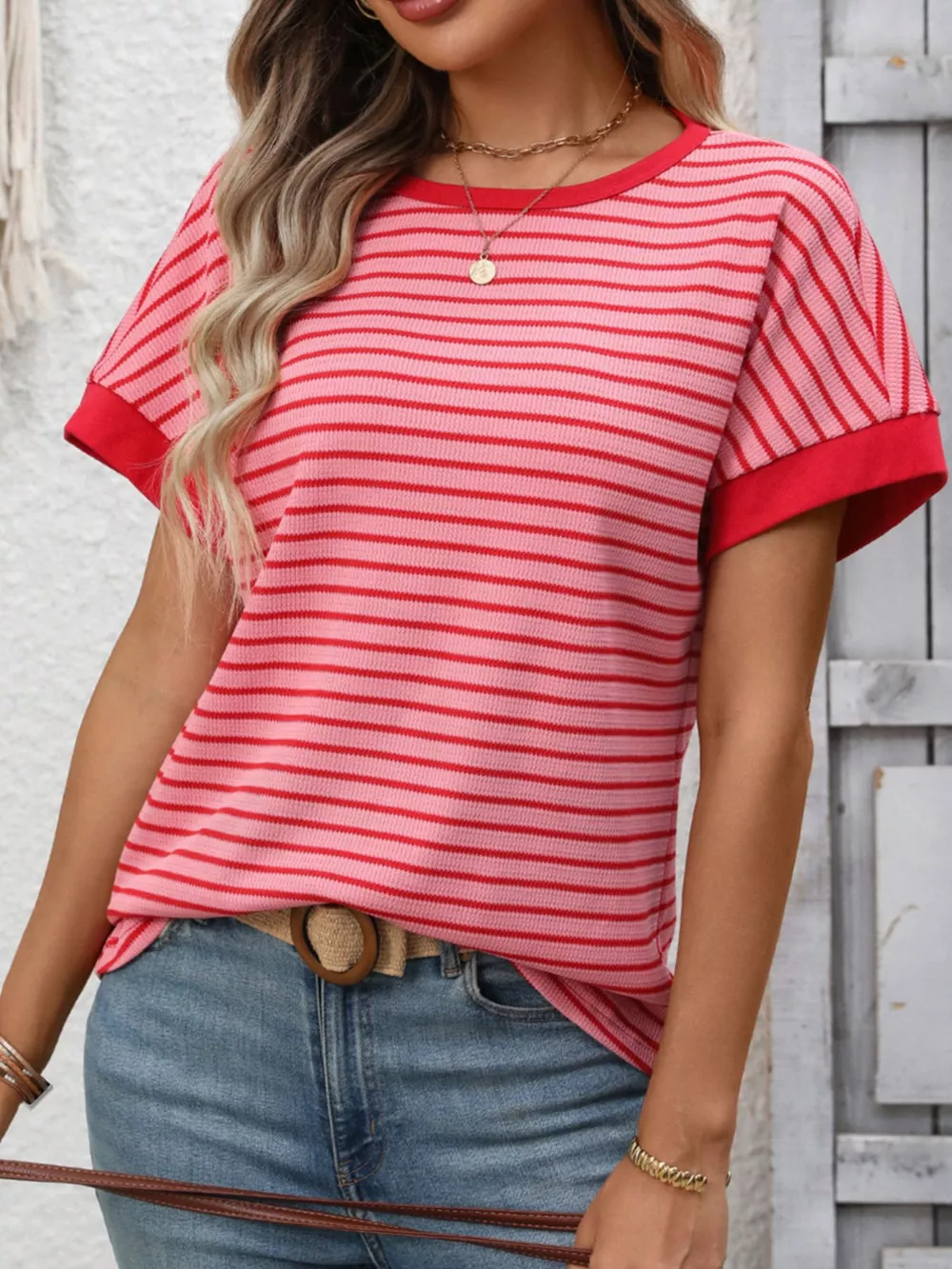 Striped Ribbed Knit Short Sleeve T-Shirt, image 5