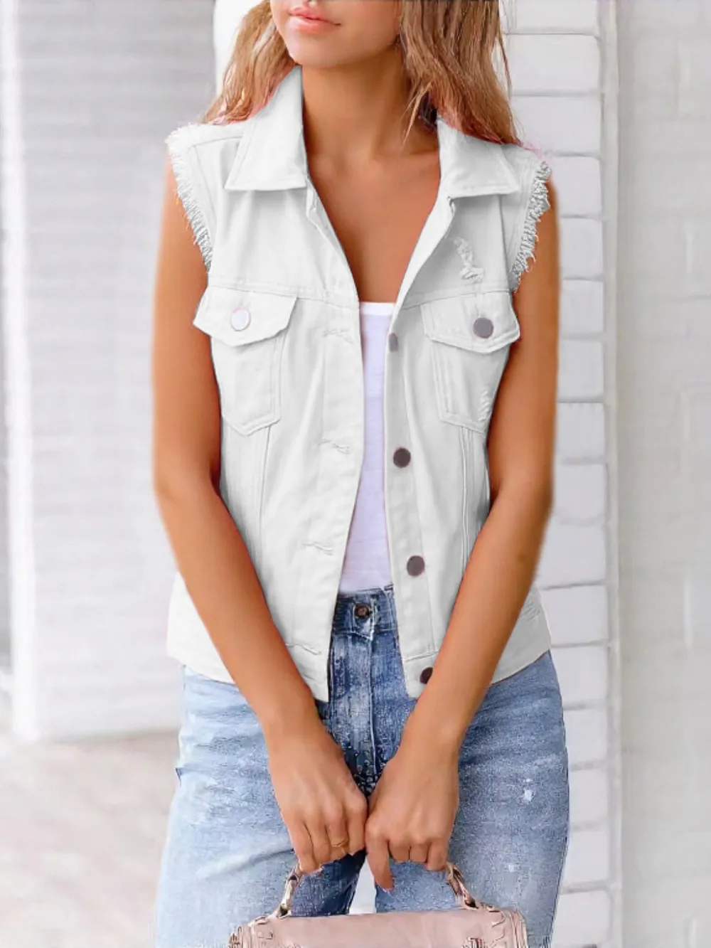 Full Size Button Down Raw Hem Sleeveless Denim Jacket Plus Size, image 11