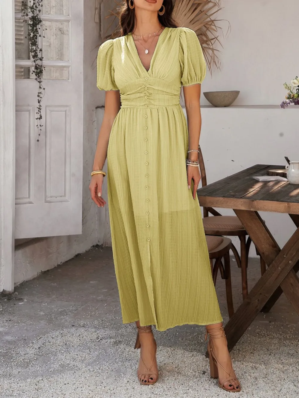 V-Neck Puff Short Sleeve Midi Dress, image 17