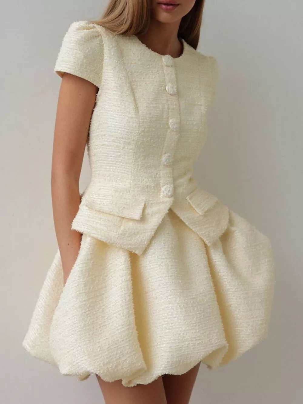 Button Up Short Sleeve Top and Bubble Hem Skirt Set, image 4