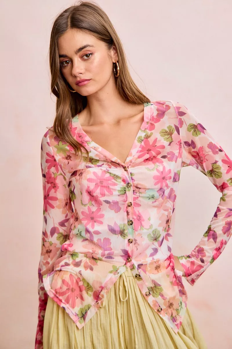 BiBi Floral Shrried Detail Button Up Mesh Cardigan Top, image 16