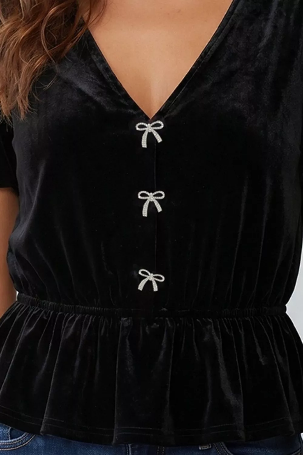 V Neck Bow Decoration Peplum Hem Shift Silhouette Short Sleeve Blouse, image 2