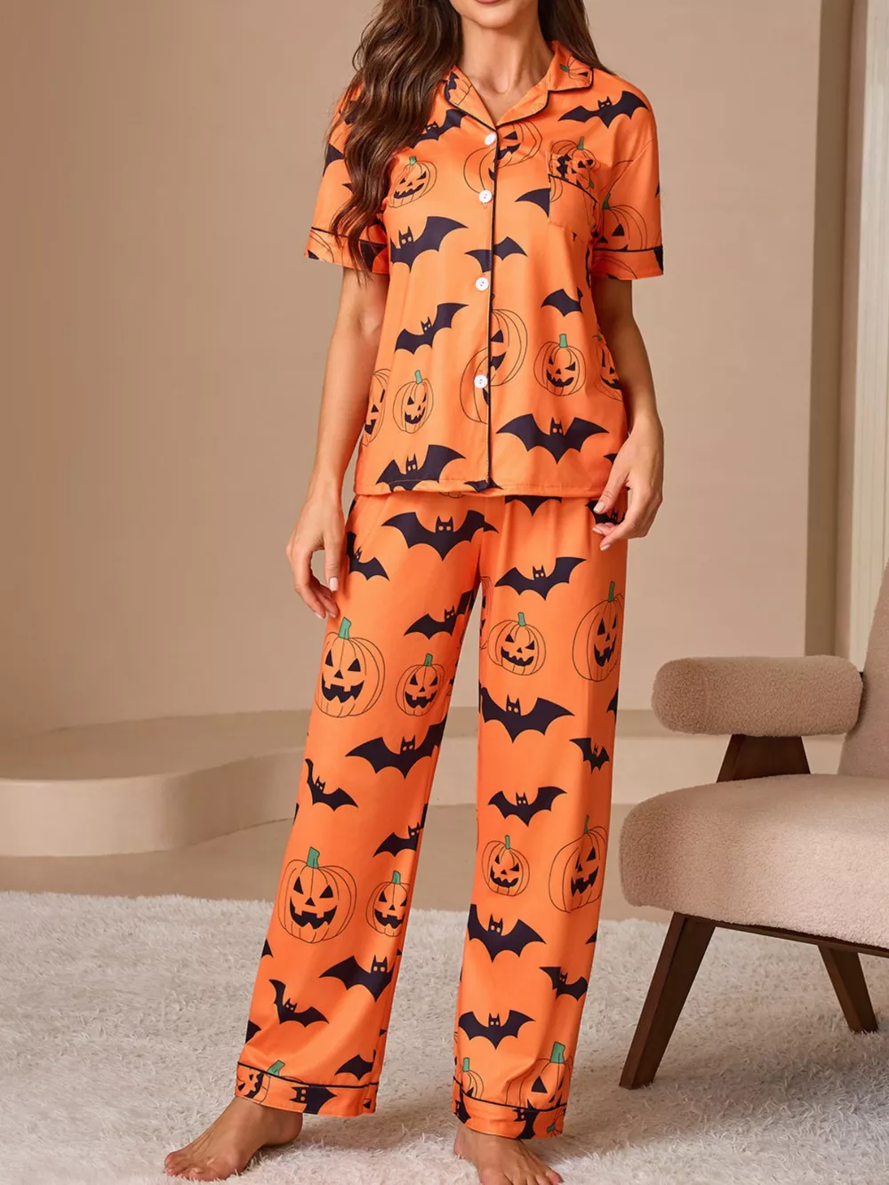 Halloween Pumpkin and Bat Print Button-Down Top and Pants Lounge Set, image 7