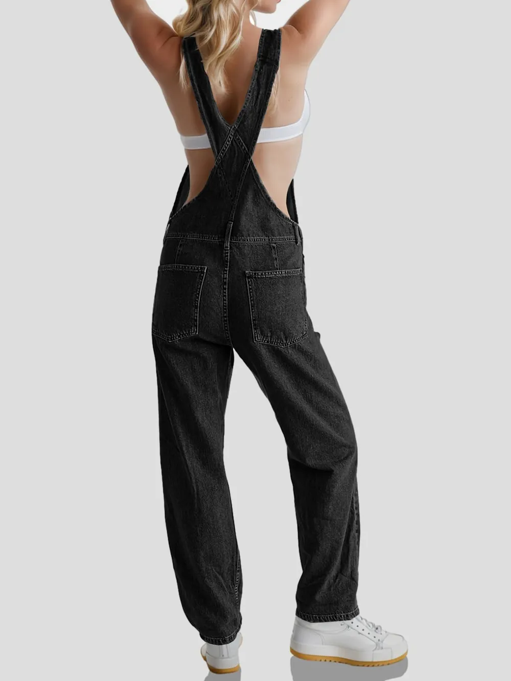 Square Neck Wide Strap Denim Overalls, image 3