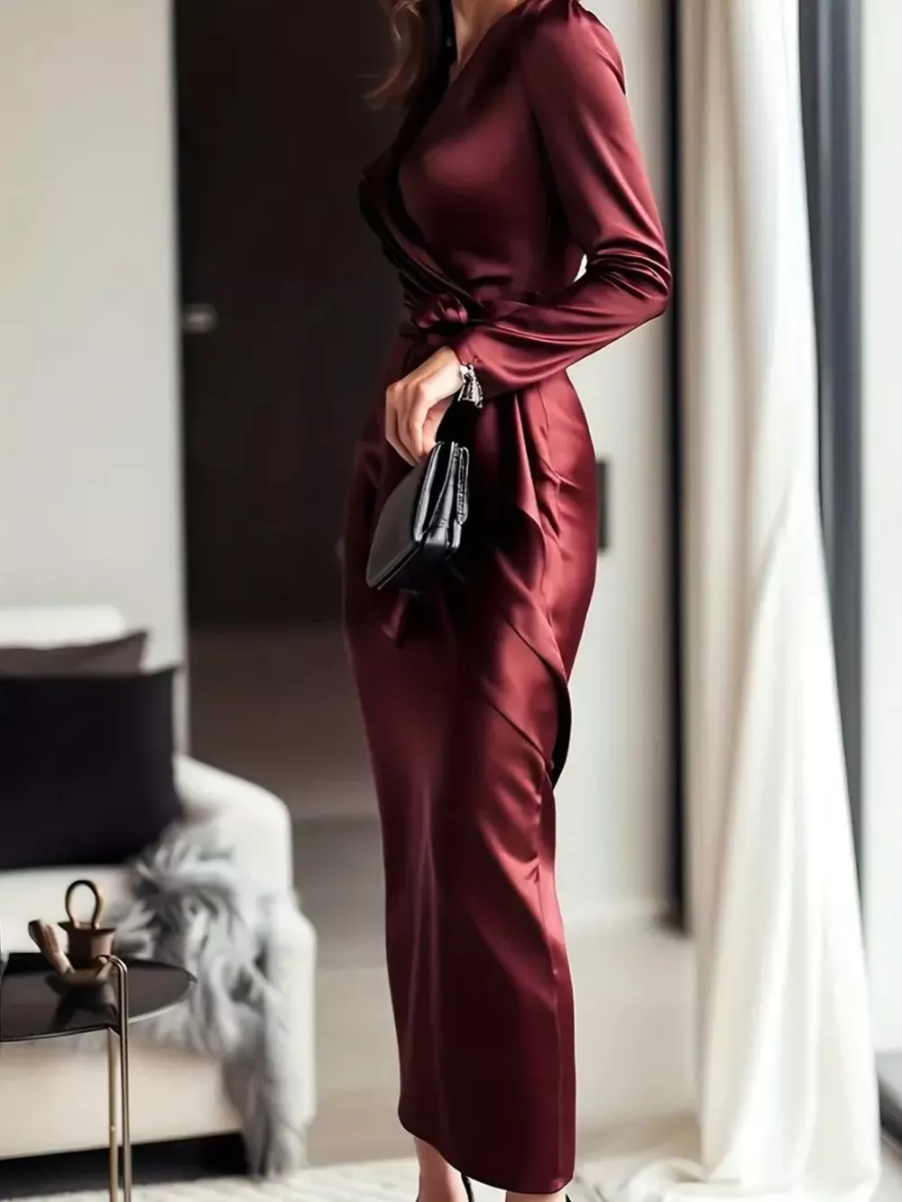 Satin Tie Waist Long Sleeve Dress, image 5