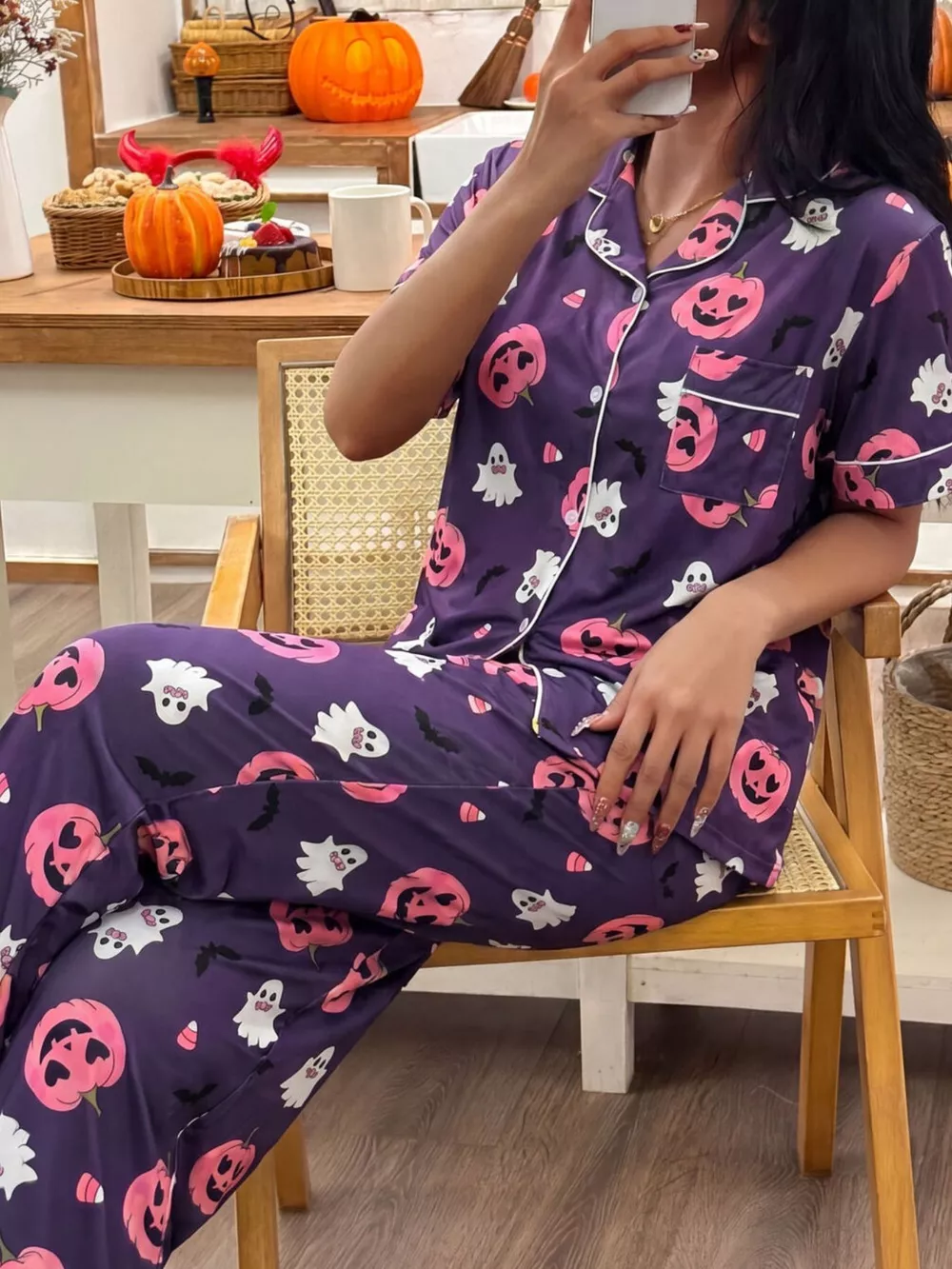 Halloween Pumpkin Print Button-Down Top and Pants Set, image 10