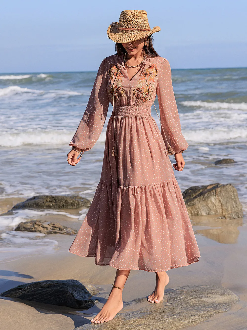 Embroidered Polka Dot Tie Neck Long Sleeve Midi Dress, image 6