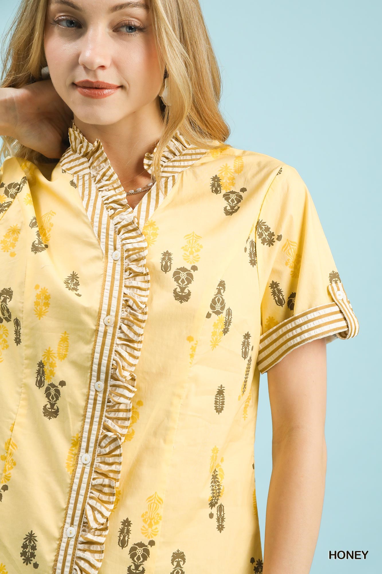 Printed Ruffle Trim Button Front Blouse, image 2