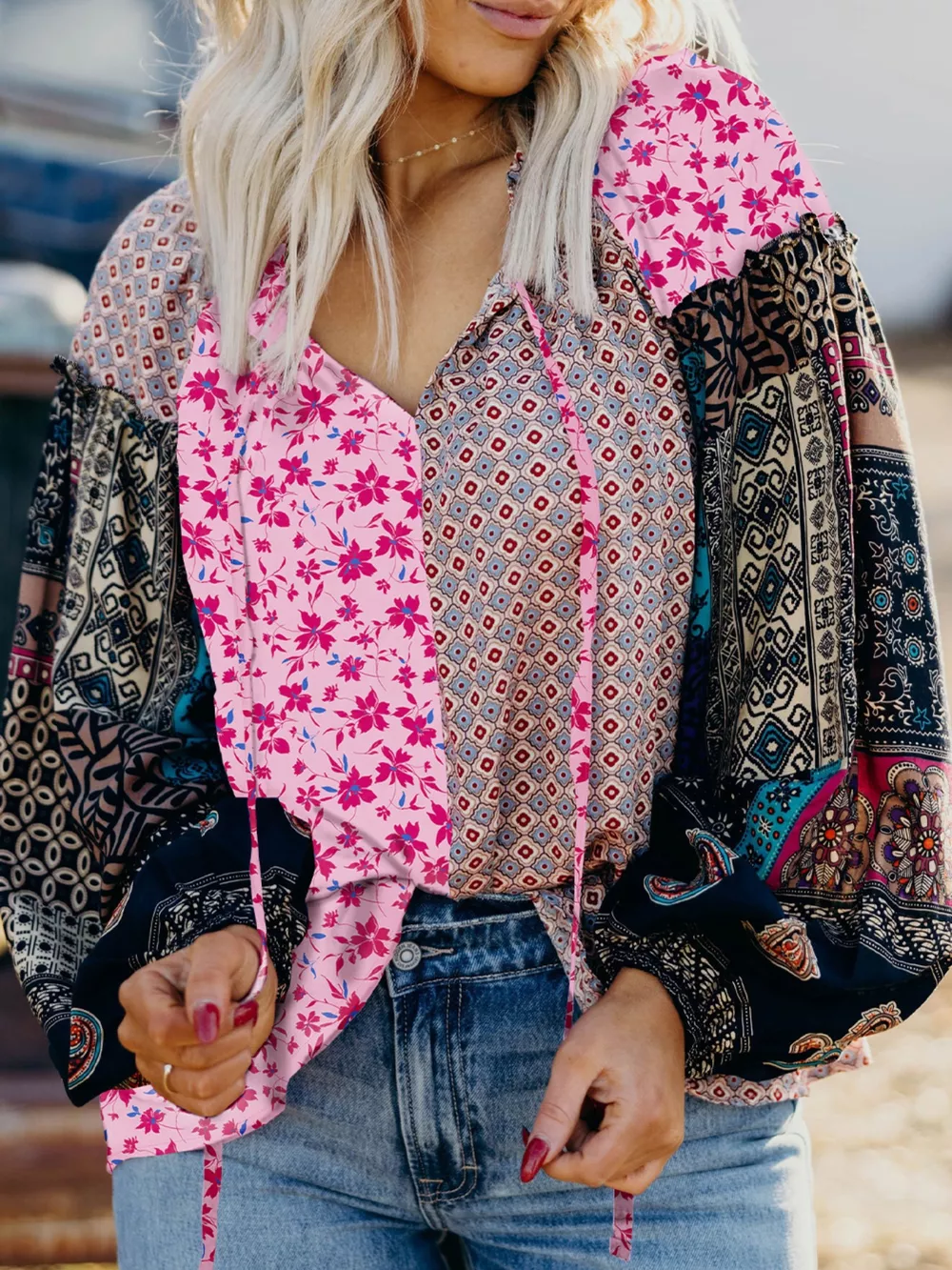 Boho Mixed Floral Drop Shoulder Bubble Sleeve Blouse, image 5