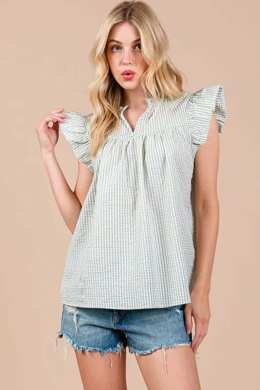 Ces Femme Plaid Notched Ruffled Cap Sleeve Blouse, image 5