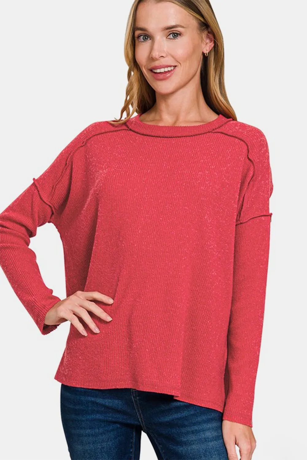 Full Size Exposed Seam Brushed Round Neck Sweater