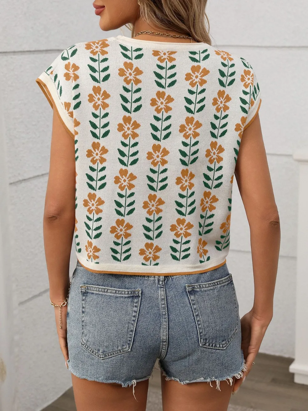 Flower Round Neck Short Sleeve Knit Top, image 8
