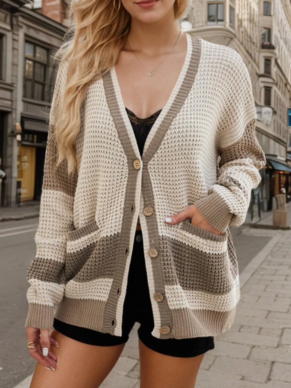 Contrast Button Up Long Sleeve Cardigan, image 11