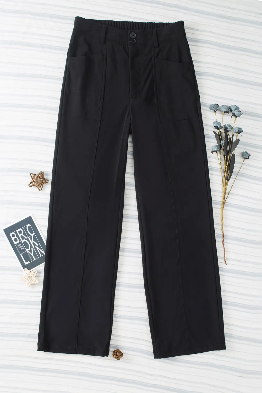 Half Elastic Waist Straight Pants, image 15