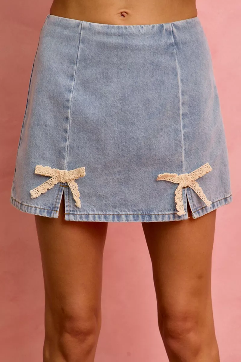 Lace Ribbon Trim Denim Mini Skirt