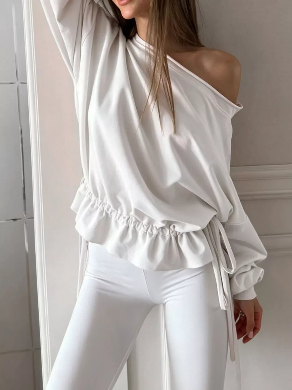 Ruffled Hem One Shoulder Sweatshirt, image 5