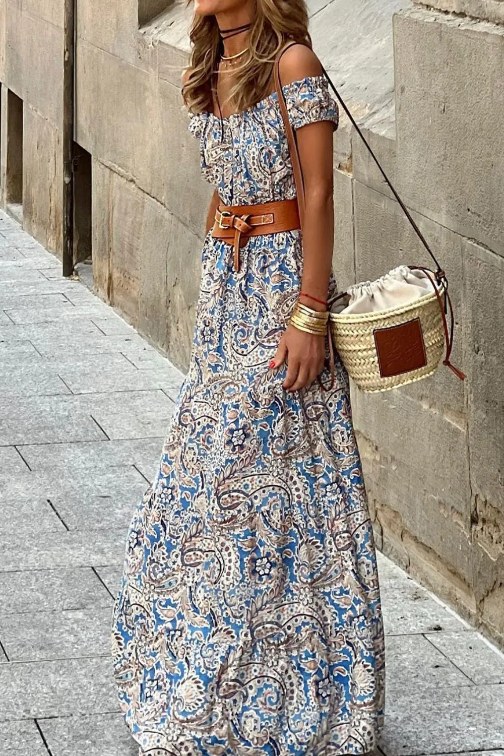 Boho Paisley Print Off Shoulder Maxi Dress, image 4