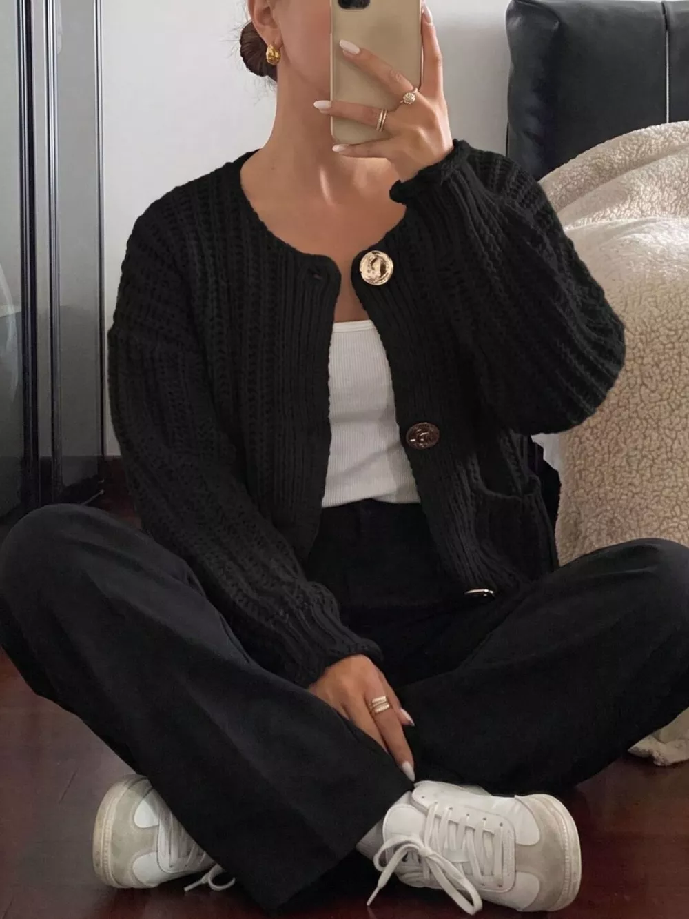 Ribbed Knit Cardigan with Gold-Tone Buttons, image 15