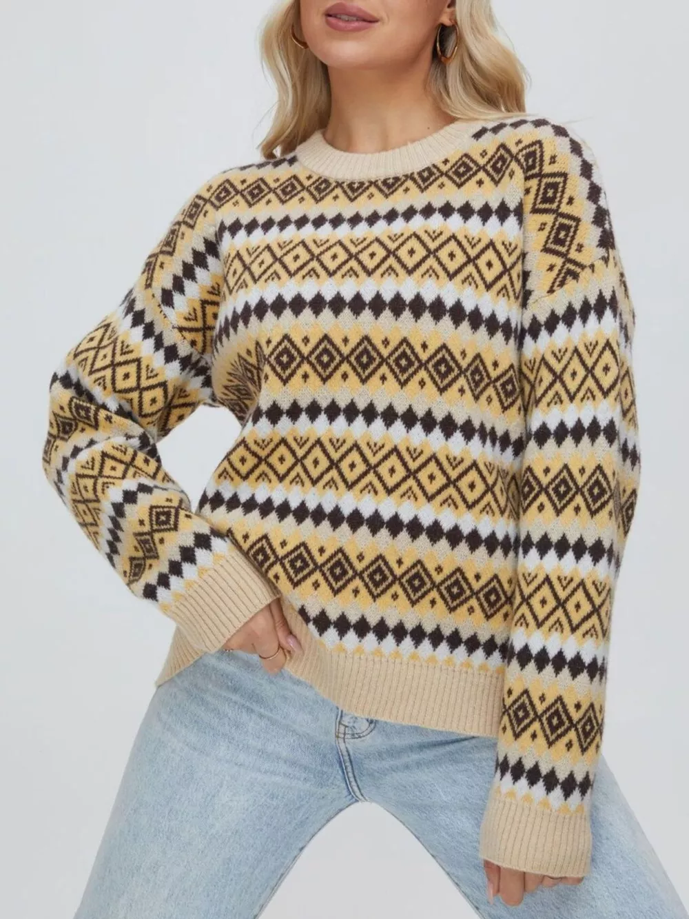 Geometric Pattern Round Neck Sweater, image 6