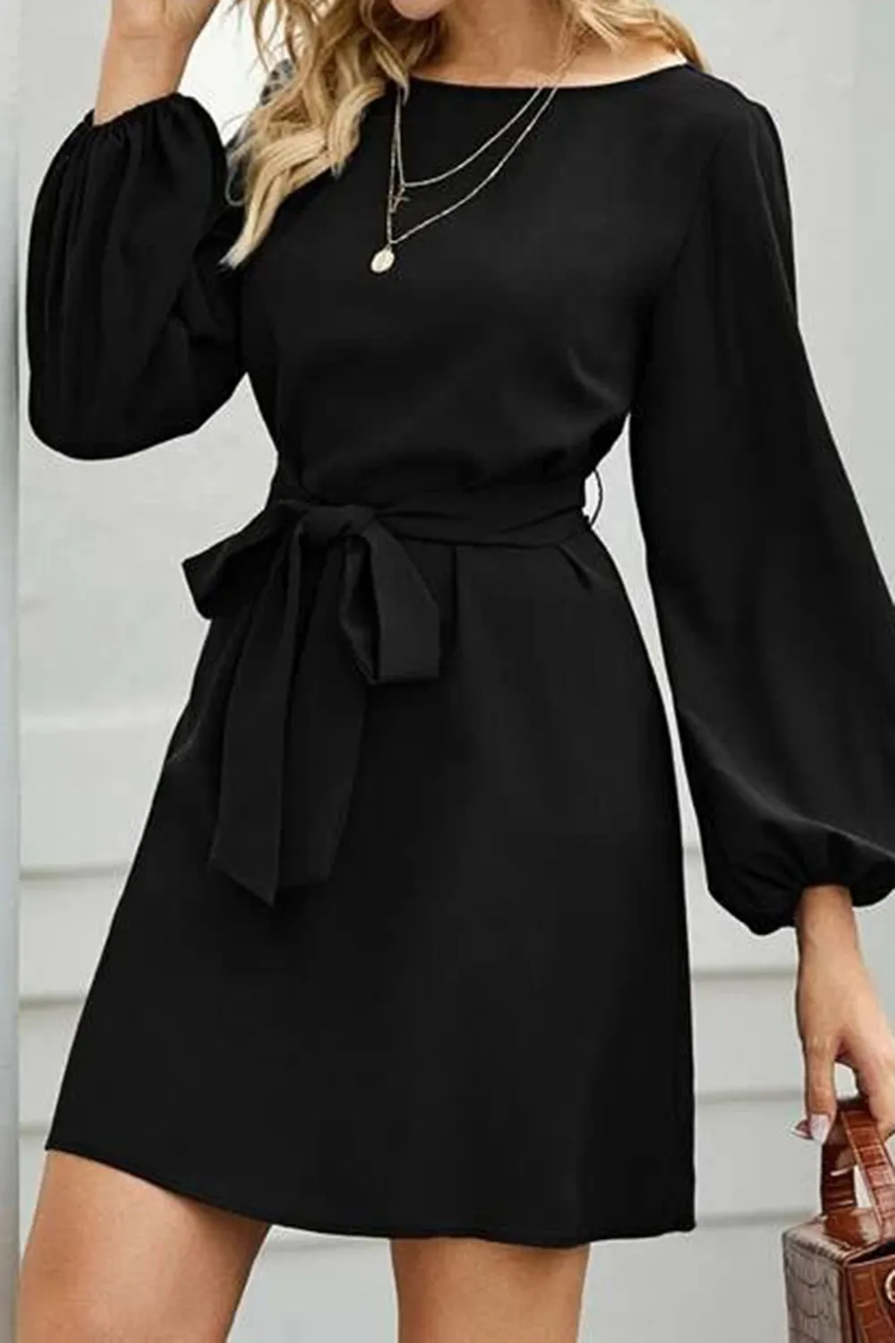 Tied Boat Neck Balloon Sleeve Mini Dress, image 14