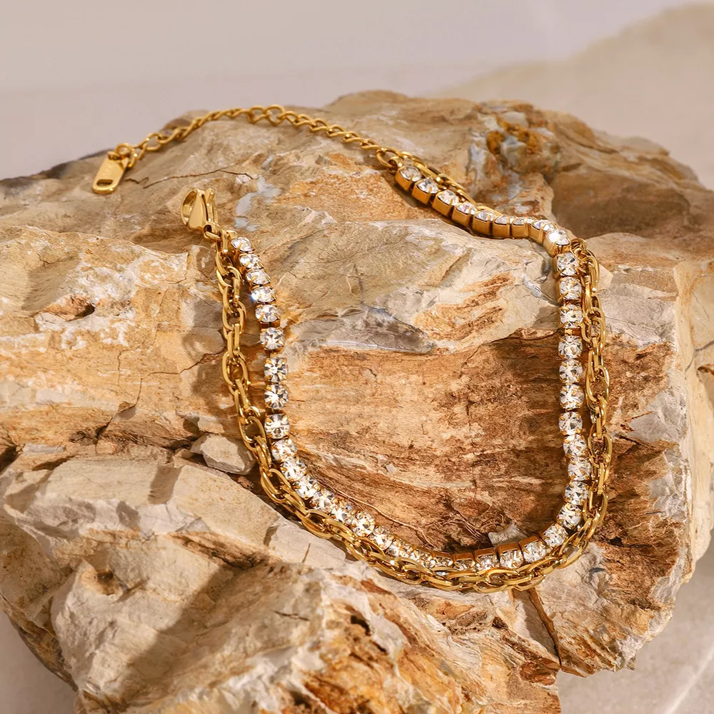 18K Gold-Plated Rhinestone Double Layered Bracelet, image 4