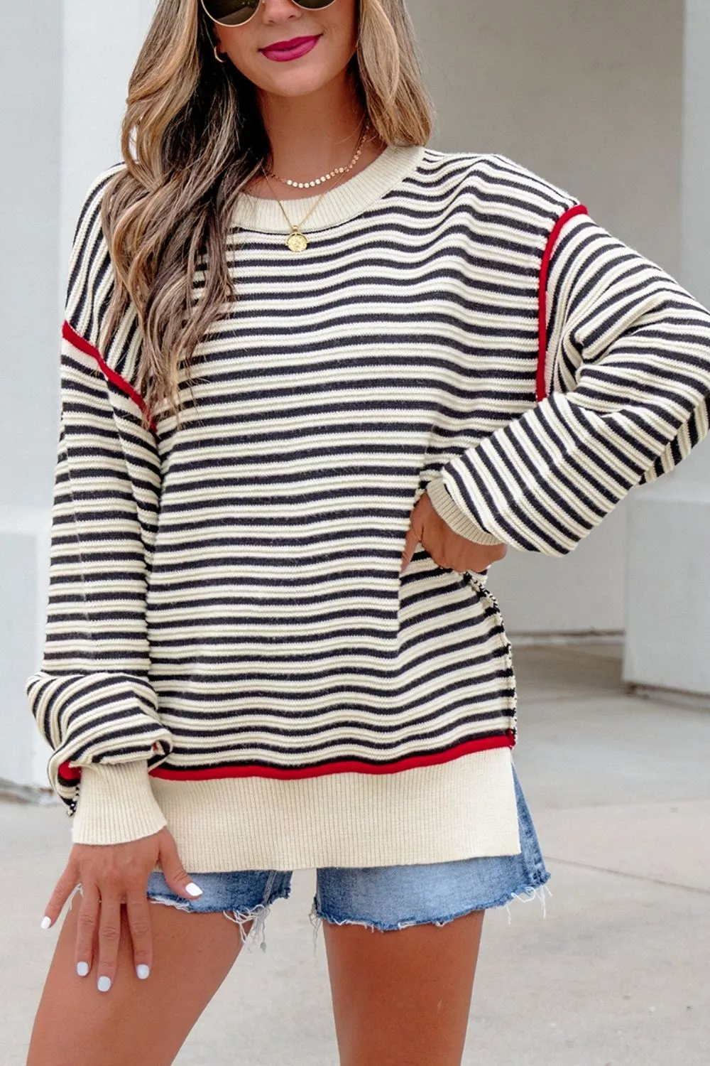 Stripe Ribbed Trim Drop Shoulder Oversized Sweater, image 3