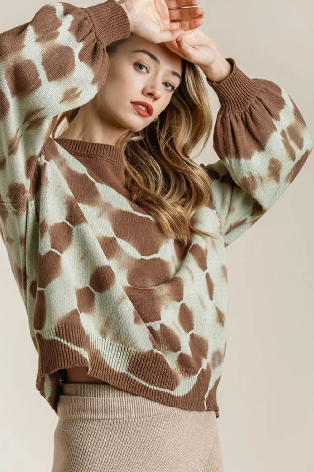 Full Size Ribbed Hem Tie Dye Round Neck Sweater Plus Size, image 4