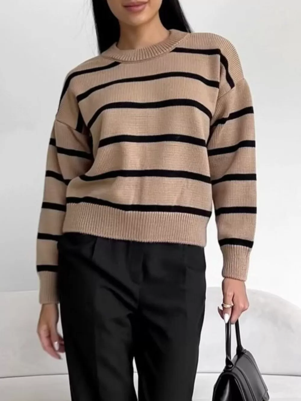 Striped Knit Round Neck Sweater, image 2