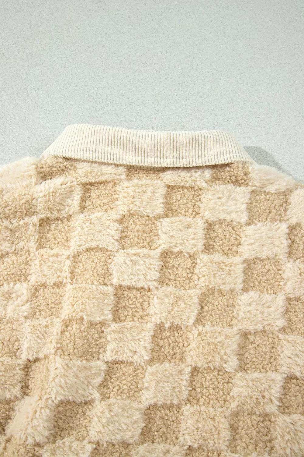 Plush Checkered Corduroy Trim Metal Button Long Sleeve Shift Silhouette Shacket, image 9