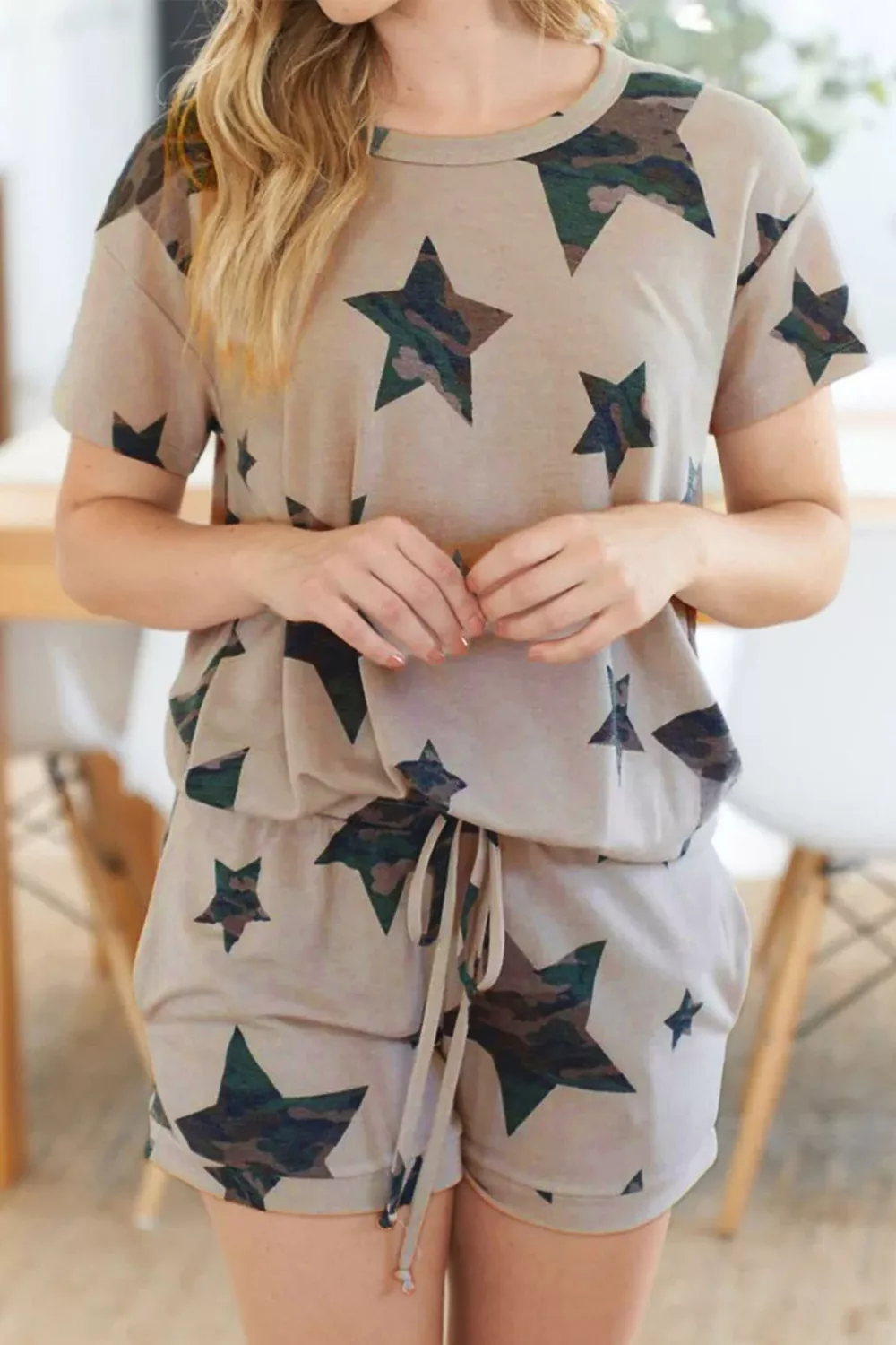 Camo Star Print Tee and Shorts Lounge Set, image 2