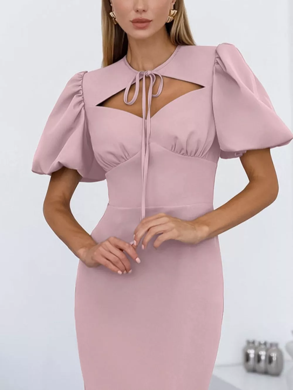 Cutout Front Puff Sleeve Dress, image 4