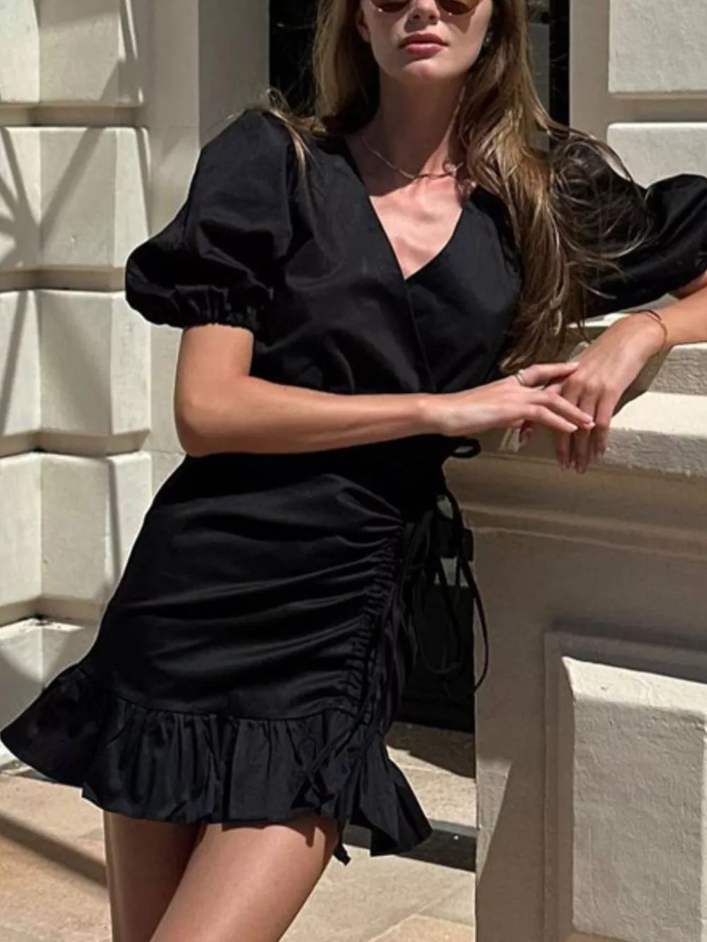 Ruffled Hem Ruched Puff Sleeve Mini Dress, image 5