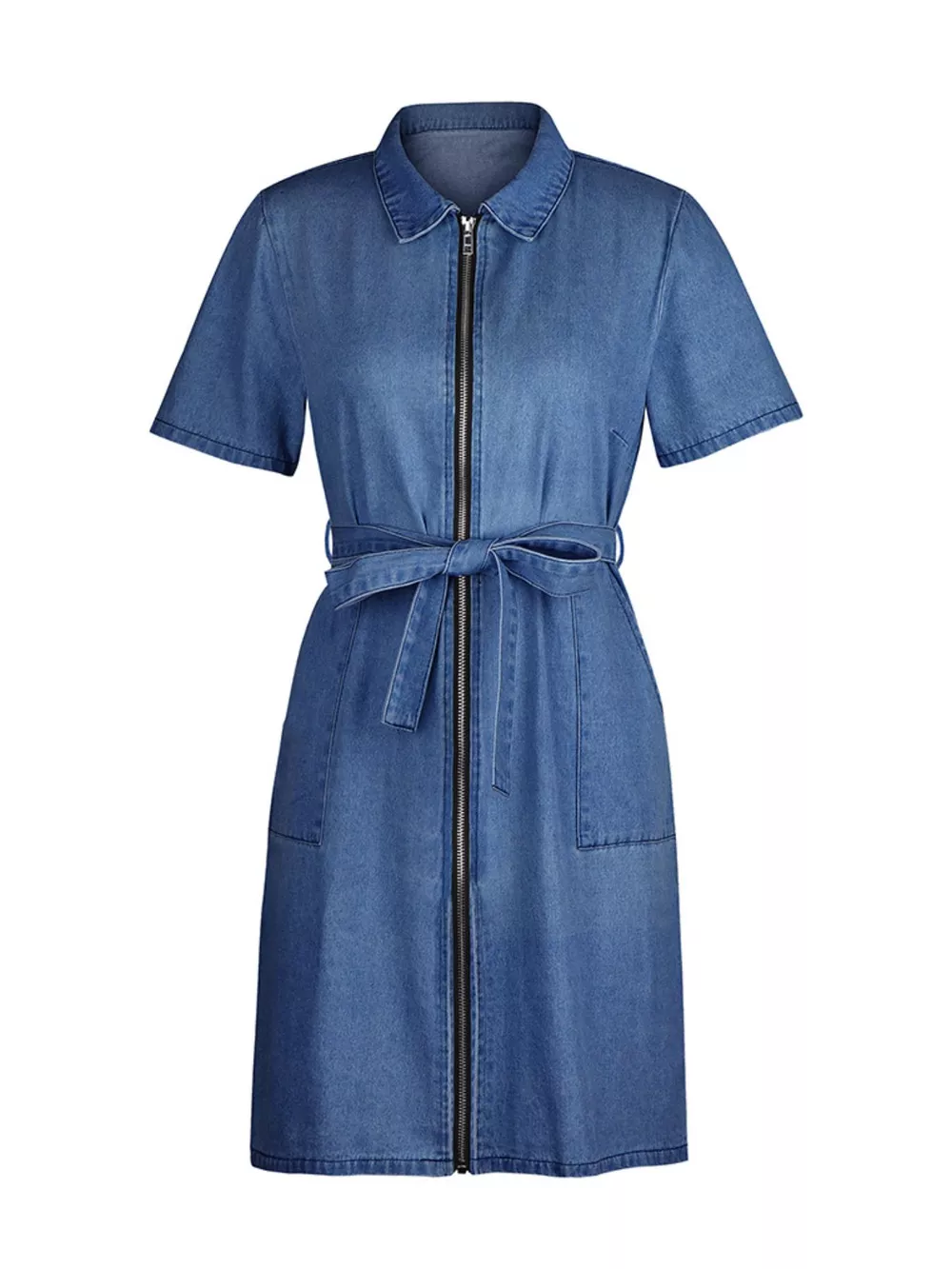 Zip Front Short Sleeve Denim Dress, image 14