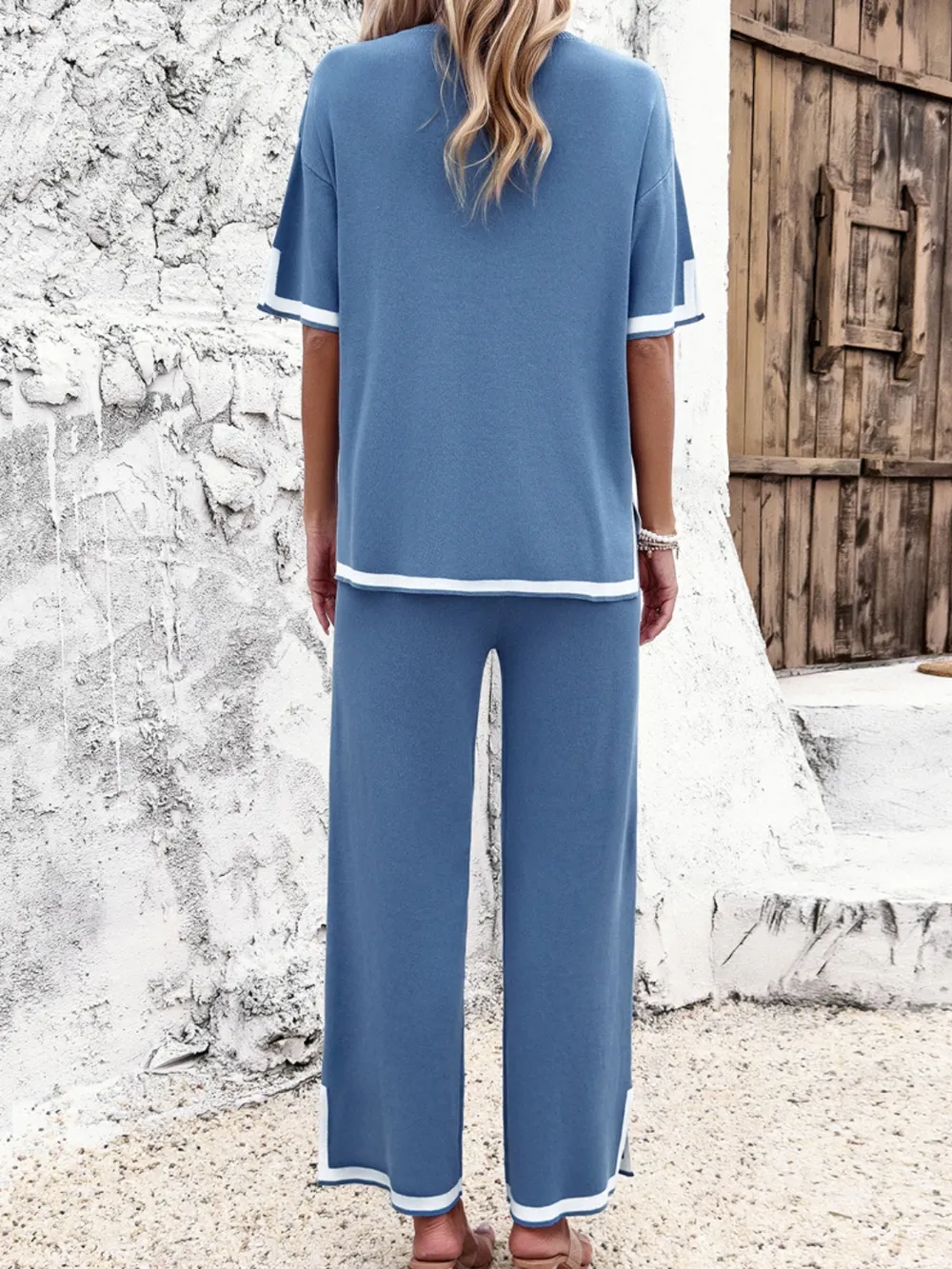 Contrast Trim Round Neck Top and Pants Set, image 15