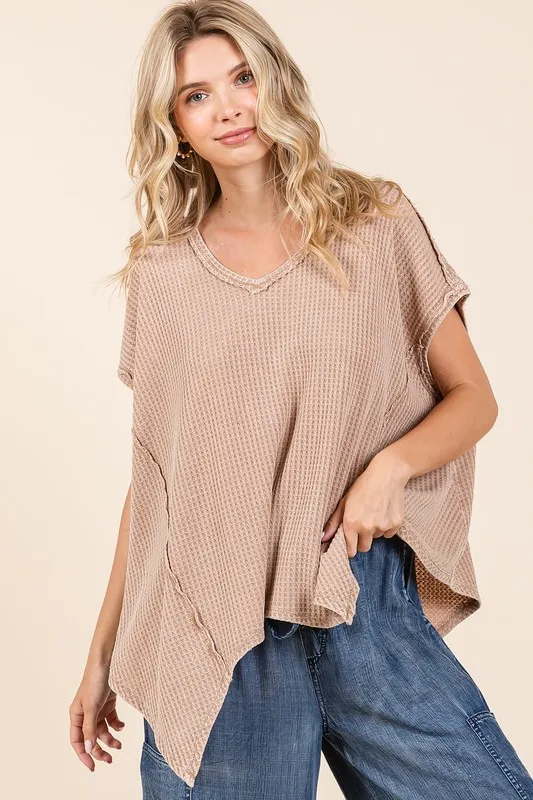 Mineral Wash Waffle Knit Pointed Hem Oversized Top, image 3