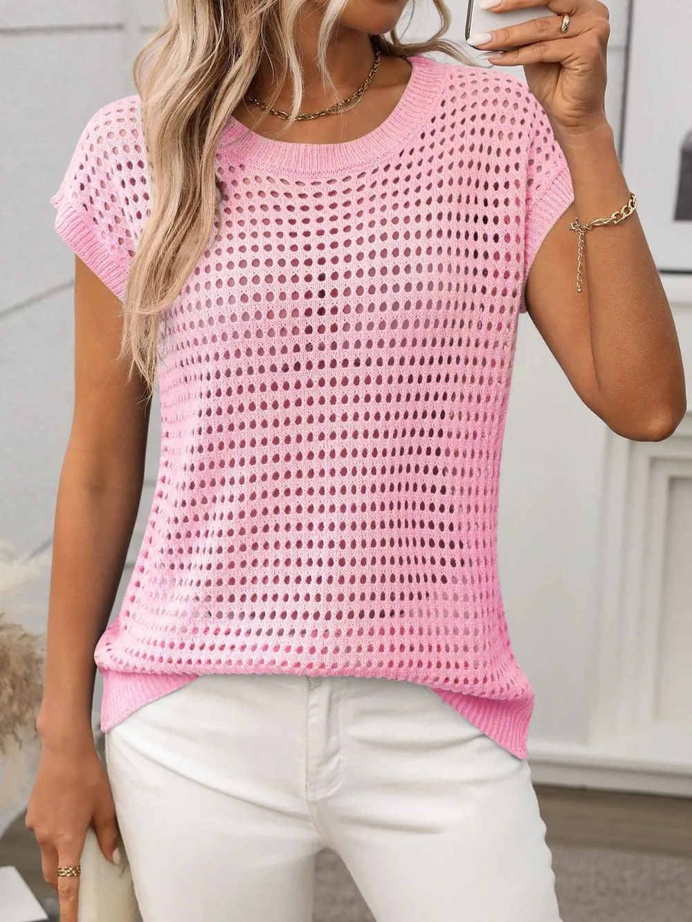 Openwork Round Neck Short Sleeve Knit Cover Up, image 15