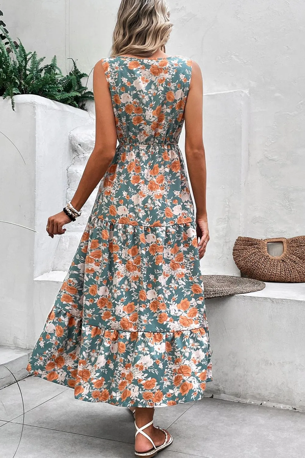Floral Print Trimmed V Neck Tie Waist Sleeveless Dress, image 6