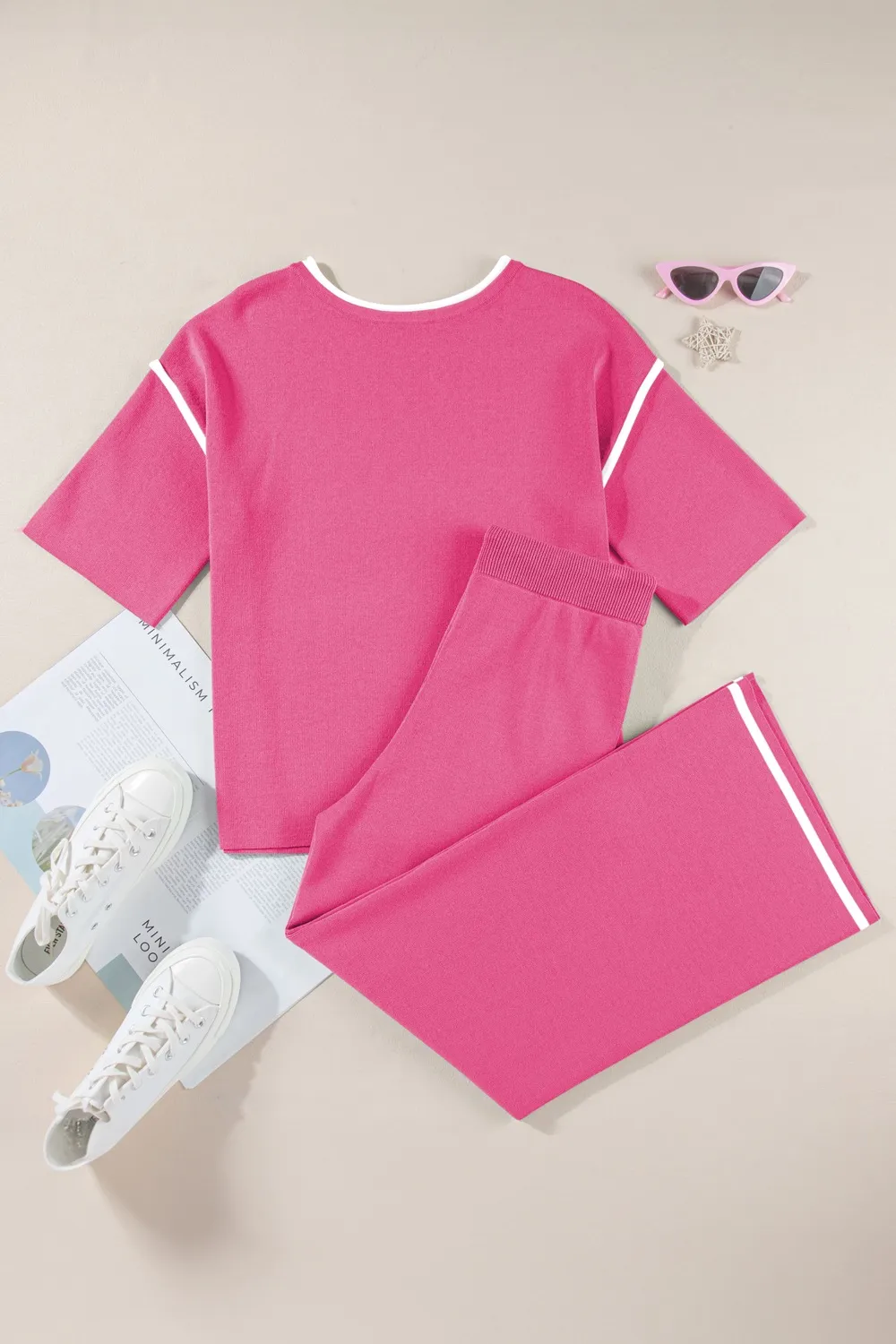 Contrast Trim Round Neck Top and Pants Set, image 14