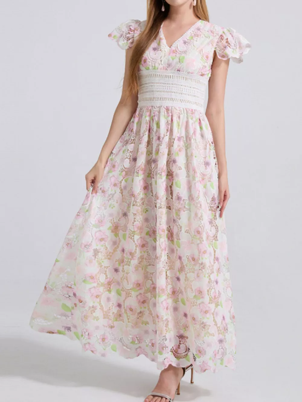 Printed V-Neck Ruffle Sleeve Midi Dress, image 21
