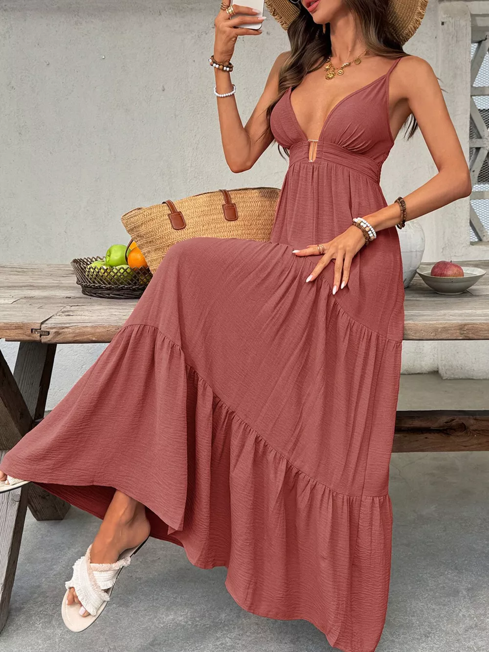 Deep V-Neck Tiered Maxi Dress, image 3
