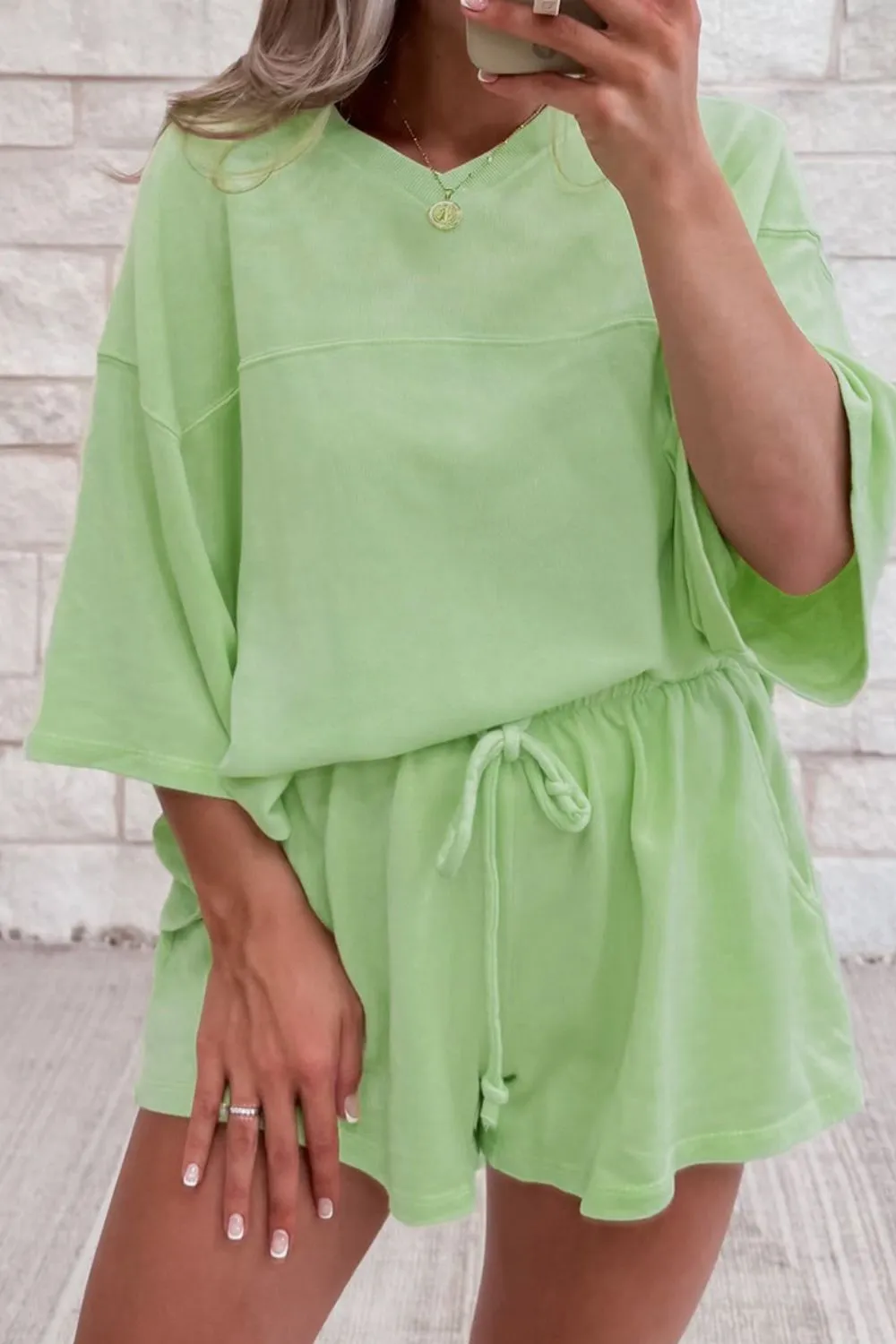 Loose V Neck Half Sleeve Tee and Drawstring Shorts Plus Size