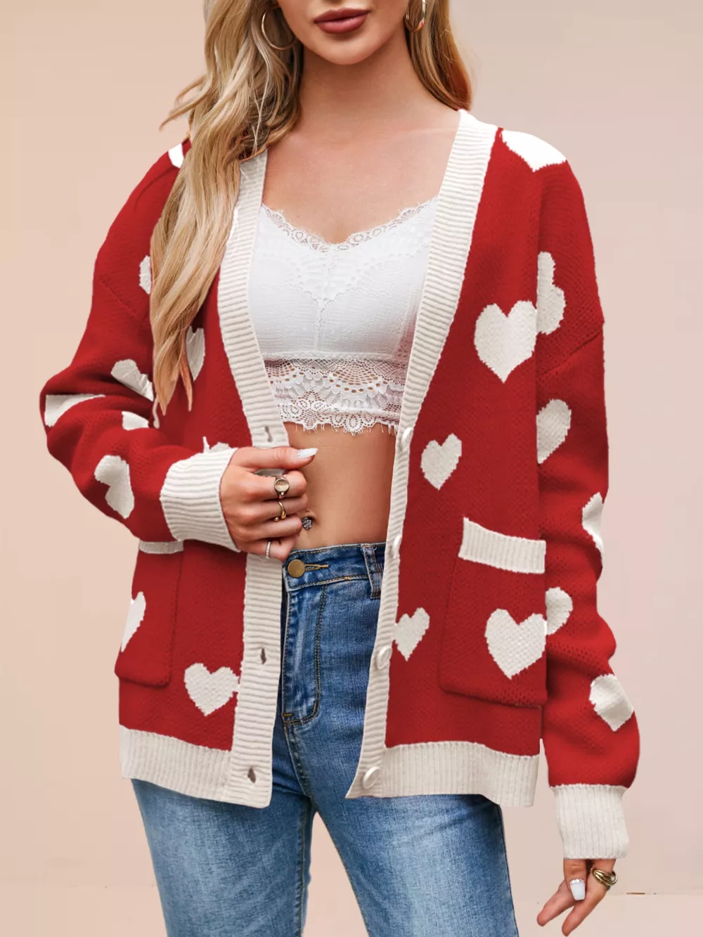 Heart Pattern Button-Up Knit Cardigan, image 11